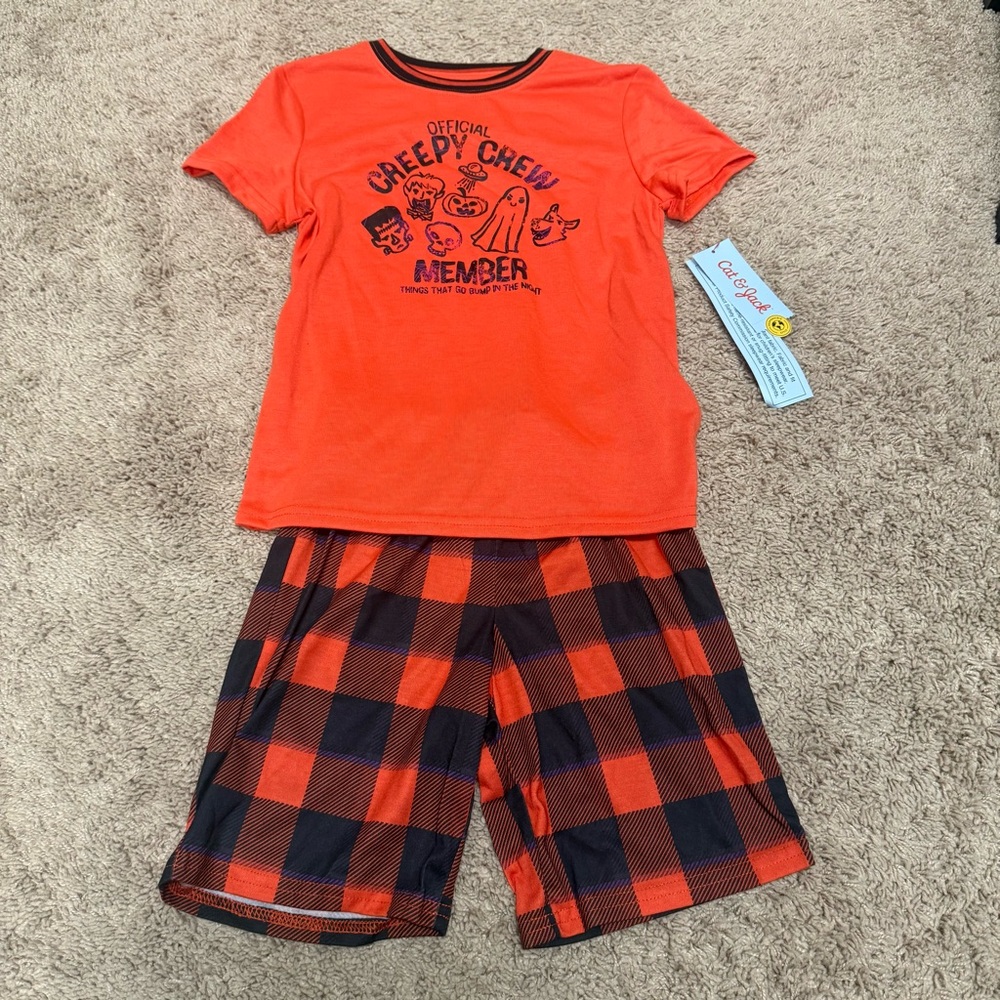 Cat & Jack Orange Short-Sleeve Pajama Set with Black Plaid Shorts